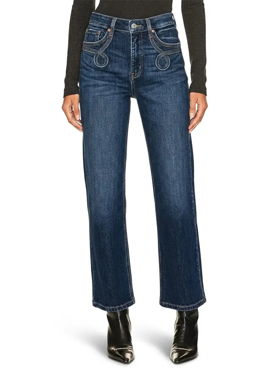 High Rise Tummy Control Wetern Detail Straight Jeans