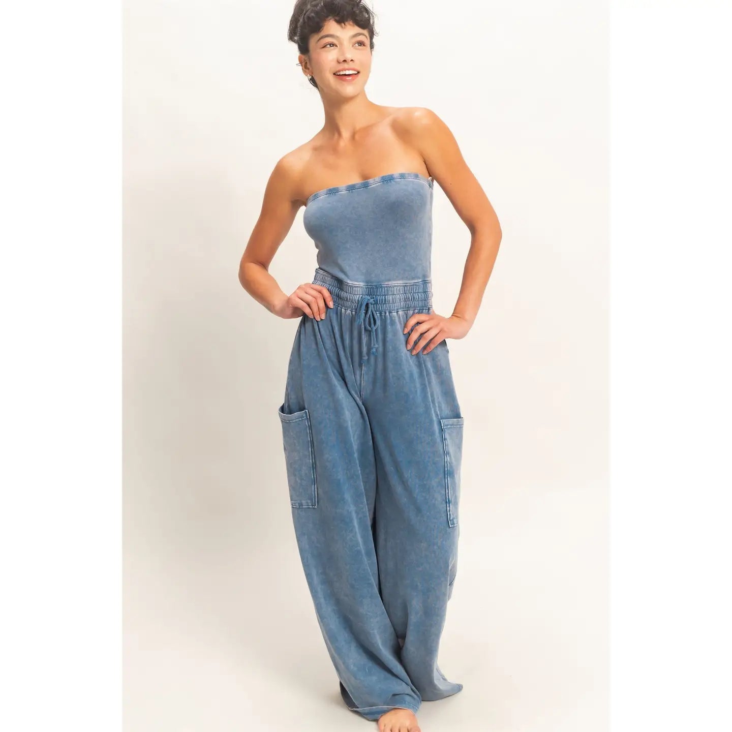 Mineral Wash Strapless Wide-Leg Jumpsuit Blue