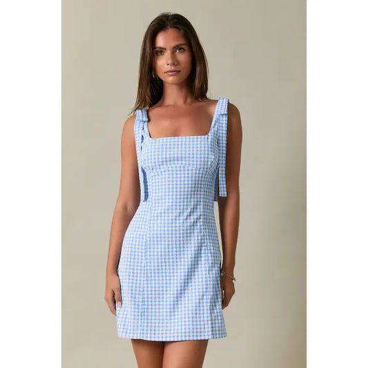 blue Gingham Tie Shoulder Dress