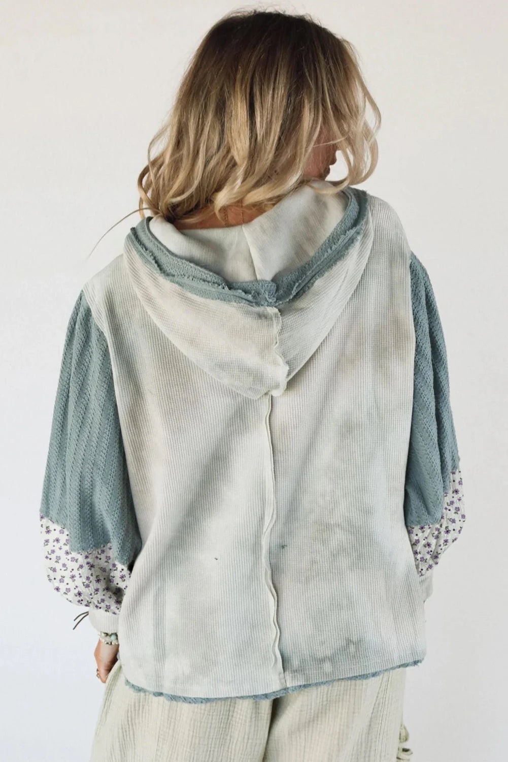 Green Floral Textured Colorblock Patchwork Lantern Sleeve Hooded Top