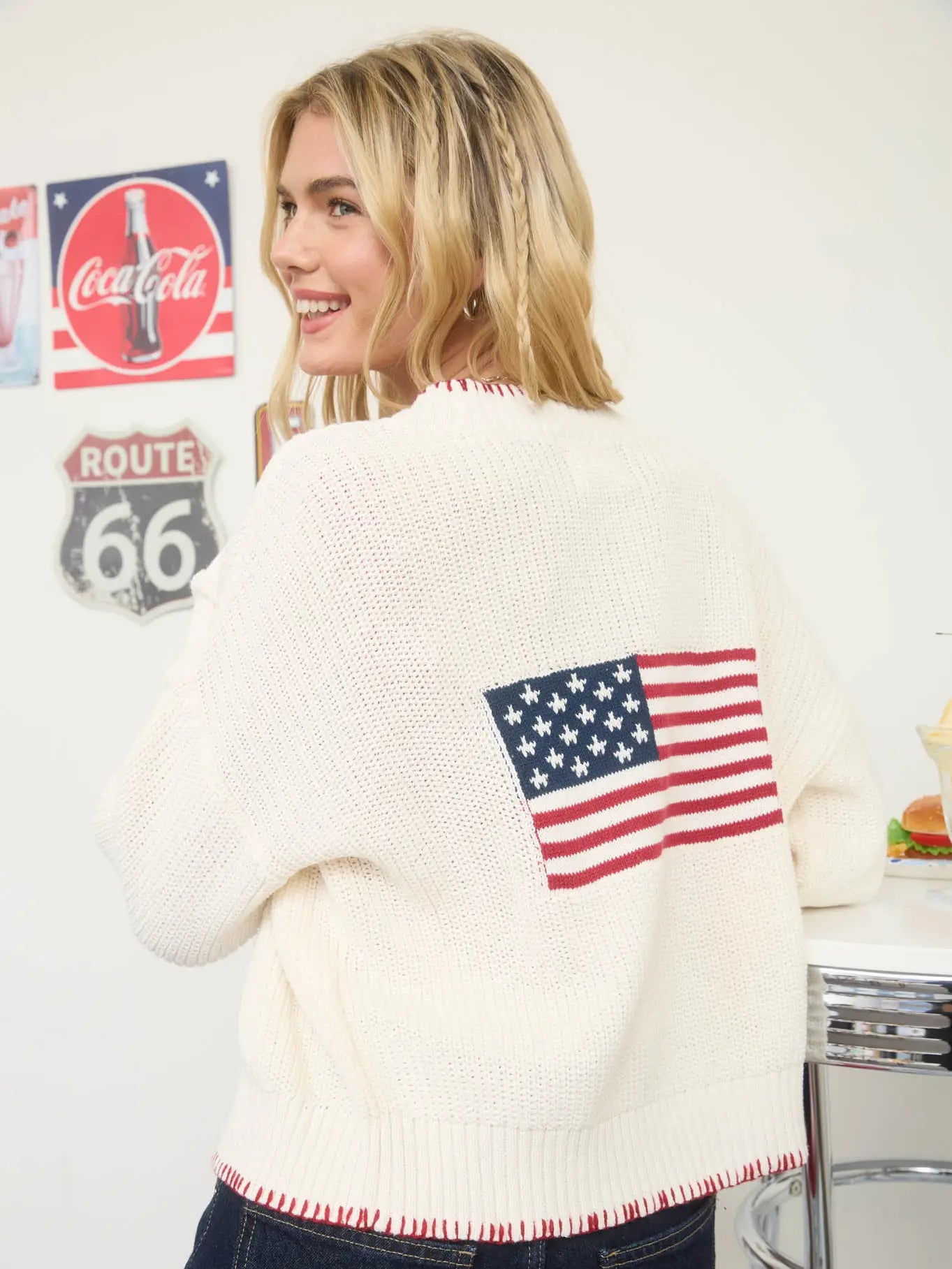 American Flag Contrast Stitch Knit Cardigan