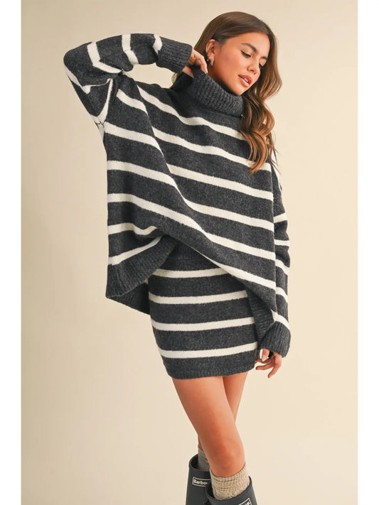 Oversized Striped Turtle Neck Sweater and Skirt