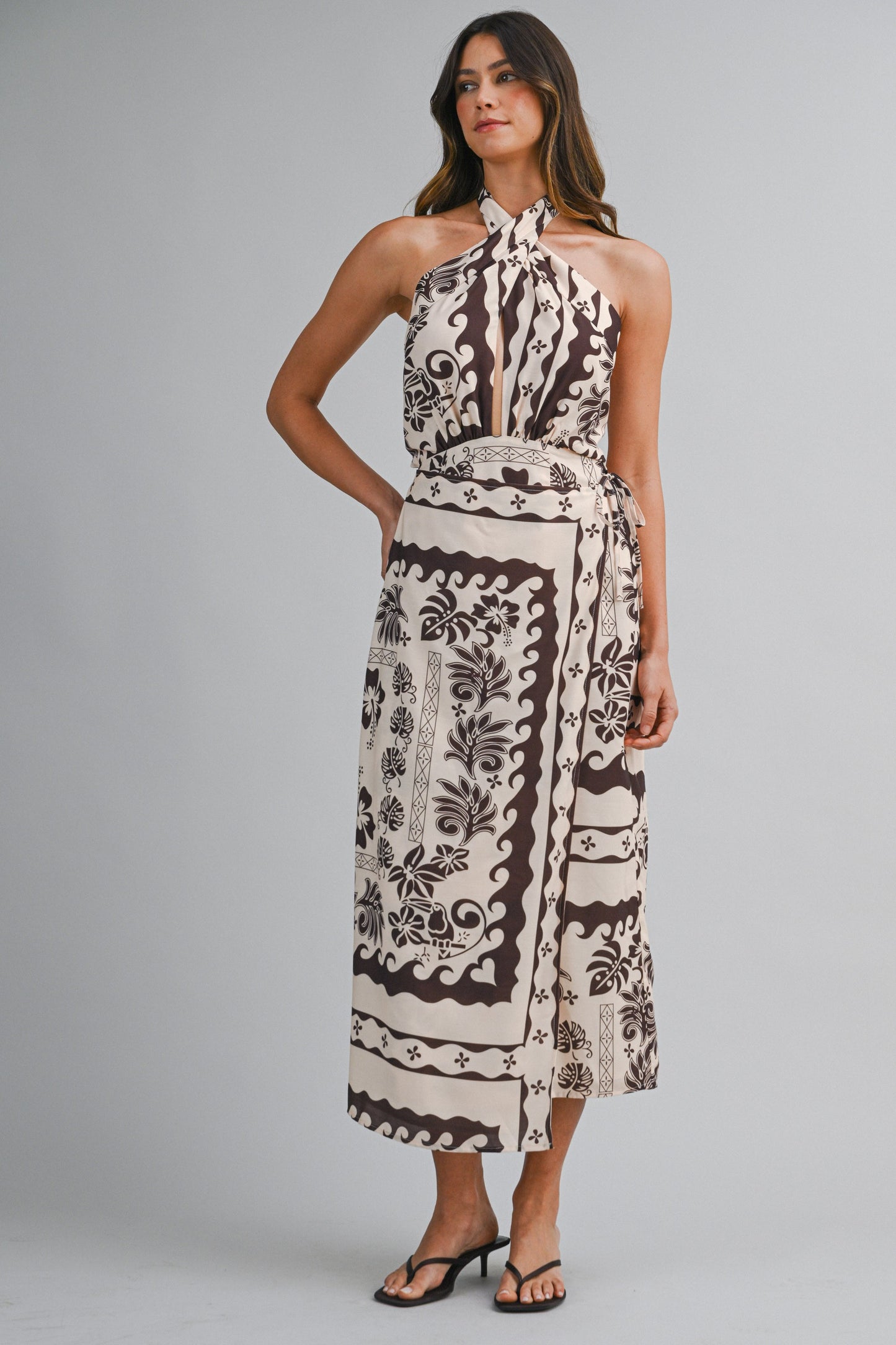 Border Print Halter Twist Neck Wrap Style Midi Dress PREORDER 5/7