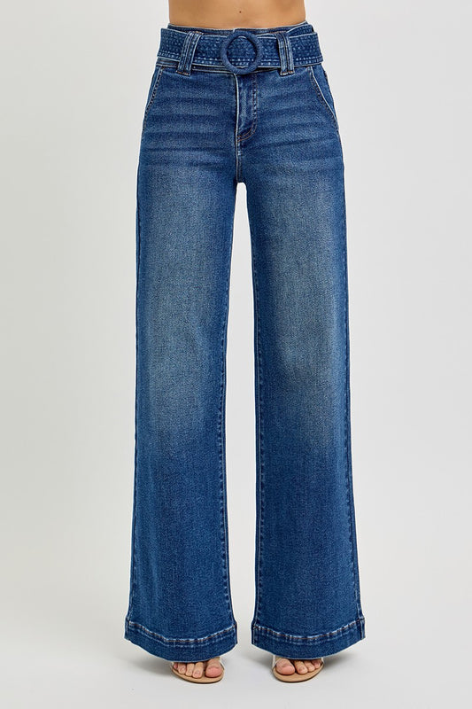 TUMMY CONTROL HIGH RISE WIDE LEG SELF BELTED JEANS