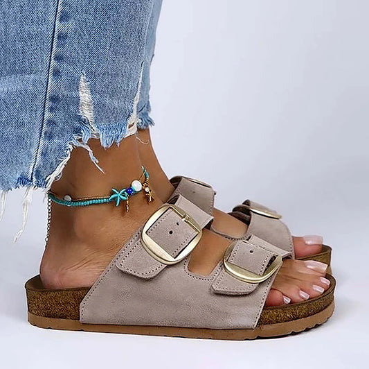 Double Buckle Genuine Leather Women Sandal - Irene Beige