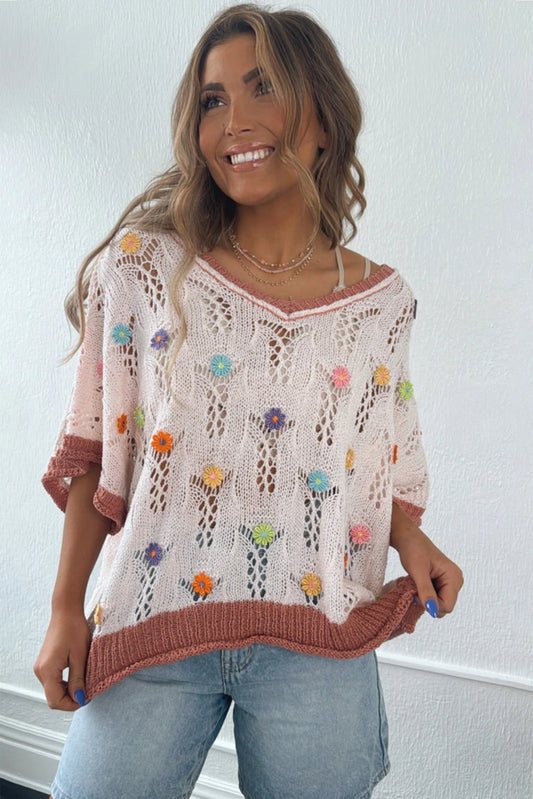 Delicacy Flowers Colorblock Edge Hollow Crochet Knit Top