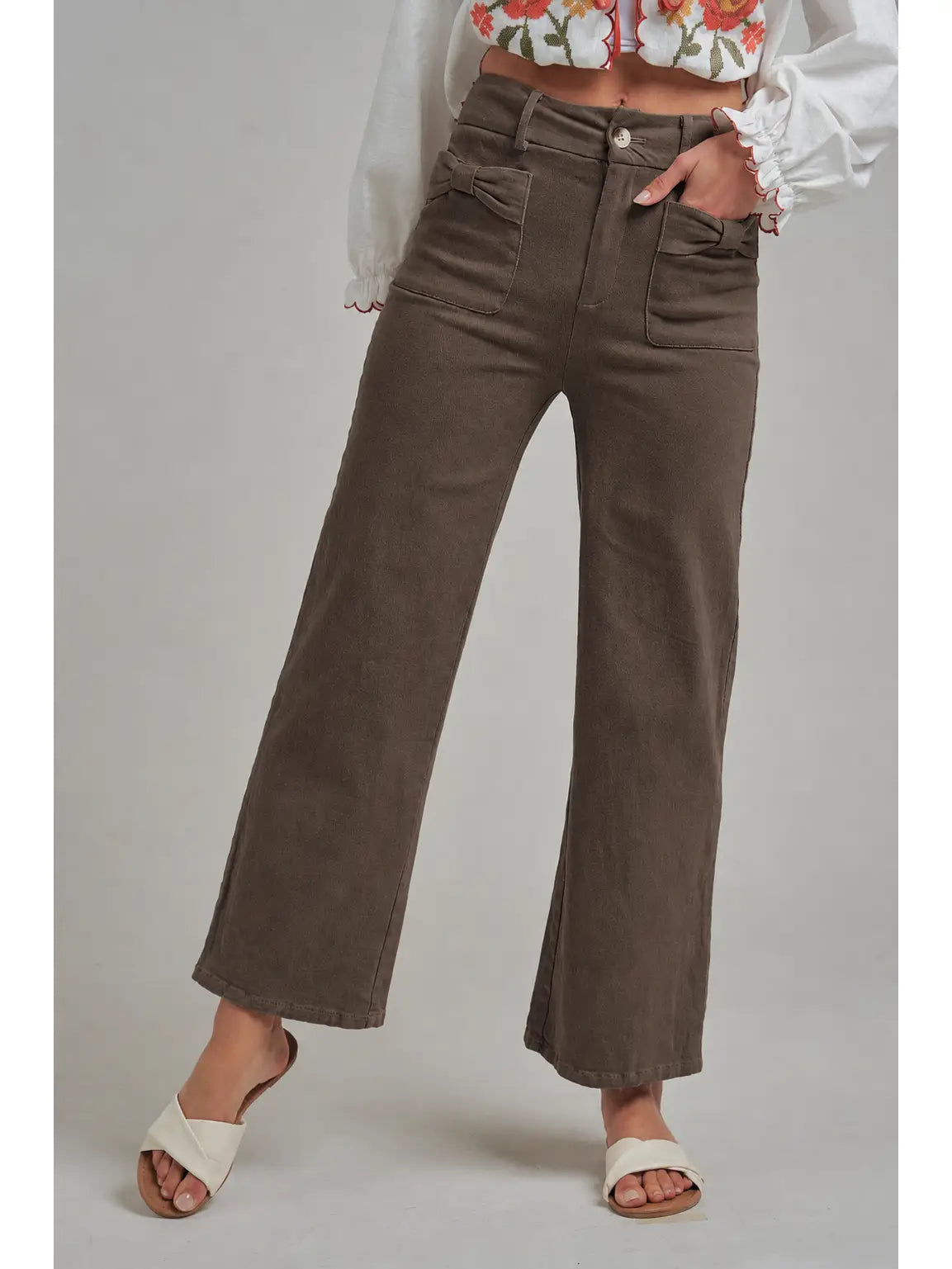 Wide Leg Stretch Twill Pants with Bow Front Pockets PREORDER 8/20