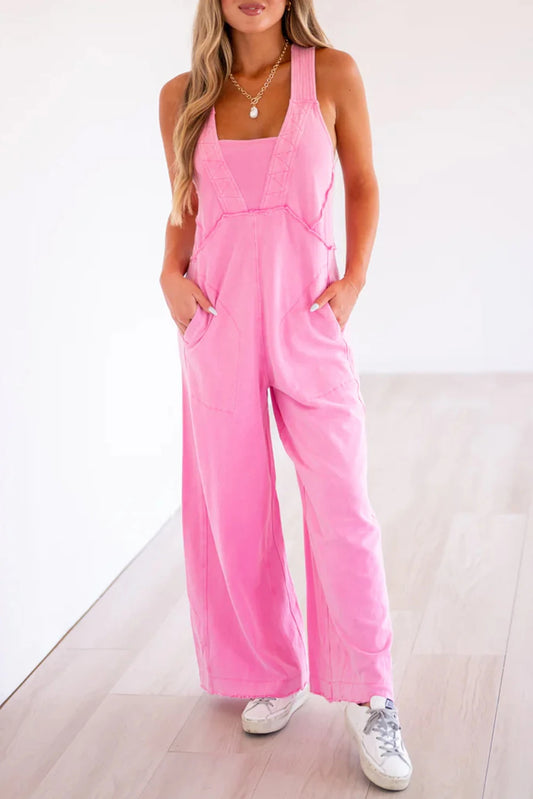 Bonbon Mineral Wash Raw Seamed Patchwork Wide Leg Loose Jumpsuit