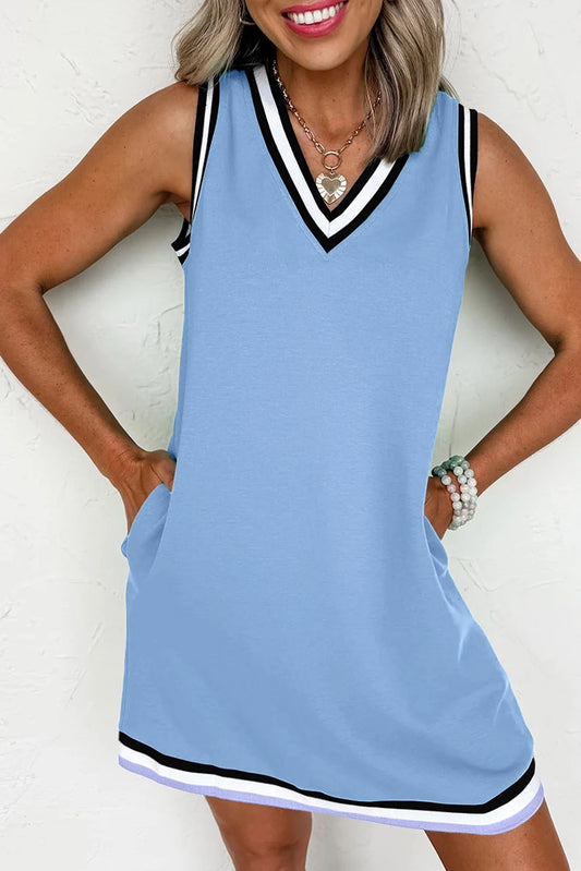 Powder Blue Striped V neck Collared Midi Dress