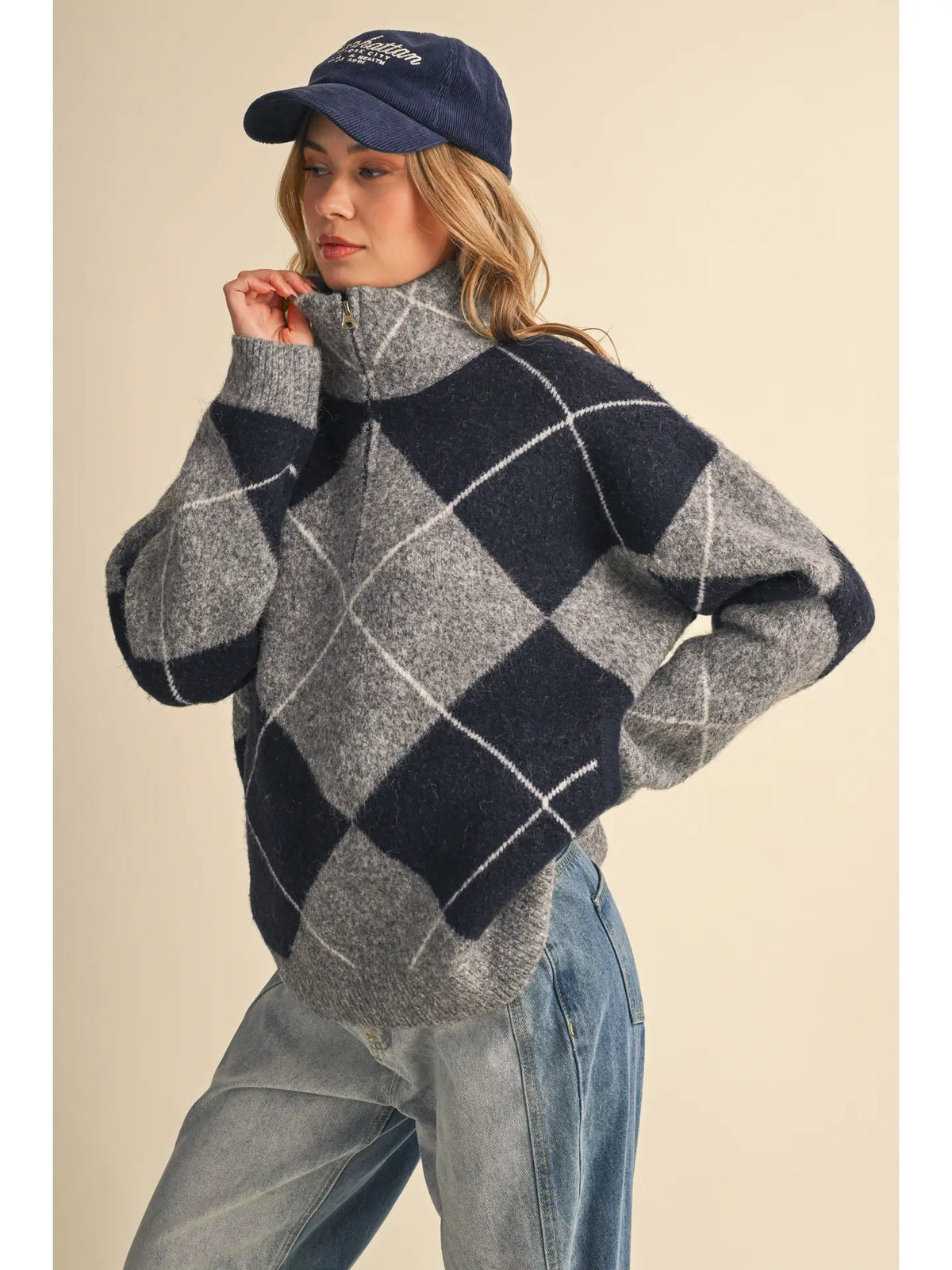 Argyle High Neck Half Zip Up Thick Sweater with Pockets