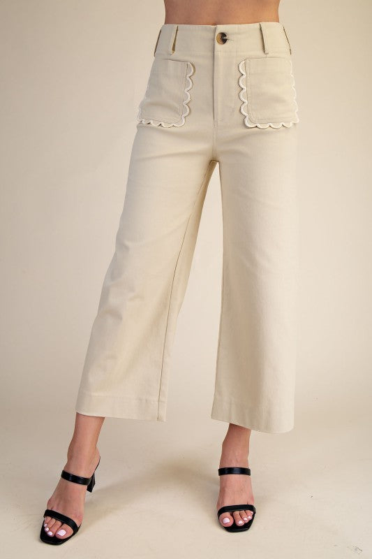 Women Wide-leg Scallop Pocket Detail Pants