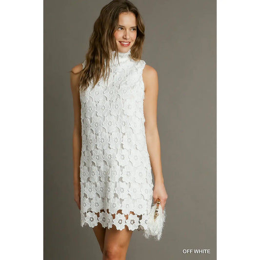 Floral Lace High Neck Sleeveless Dress W_bow Tie