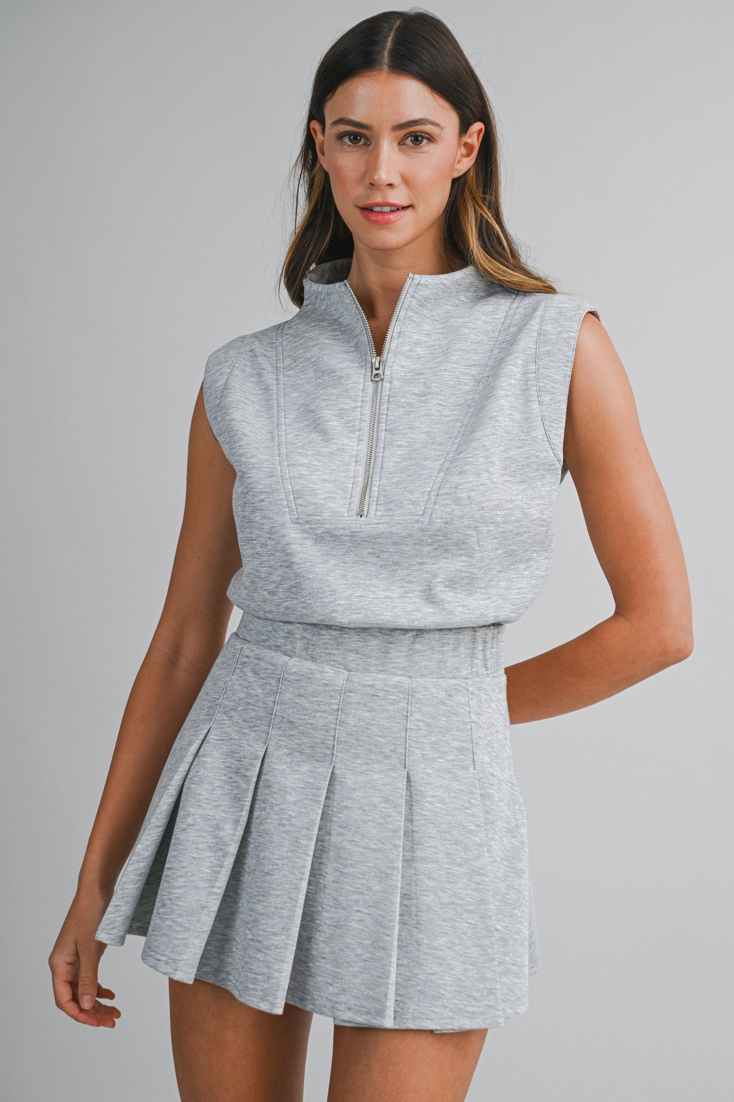 Scuba Mock Neck Half Zip Up Sleeveless Pleated Romper PREORDER 5/1
