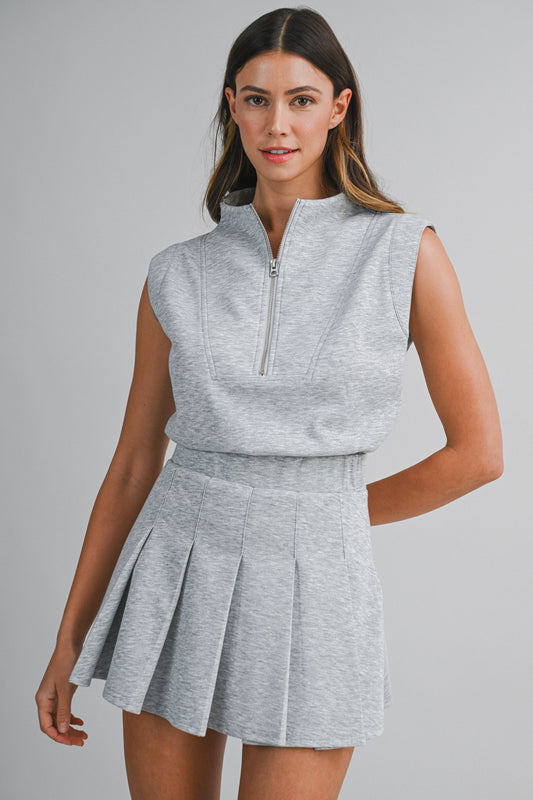Scuba Mock Neck Half Zip Up Sleeveless Pleated Romper PREORDER 5/1