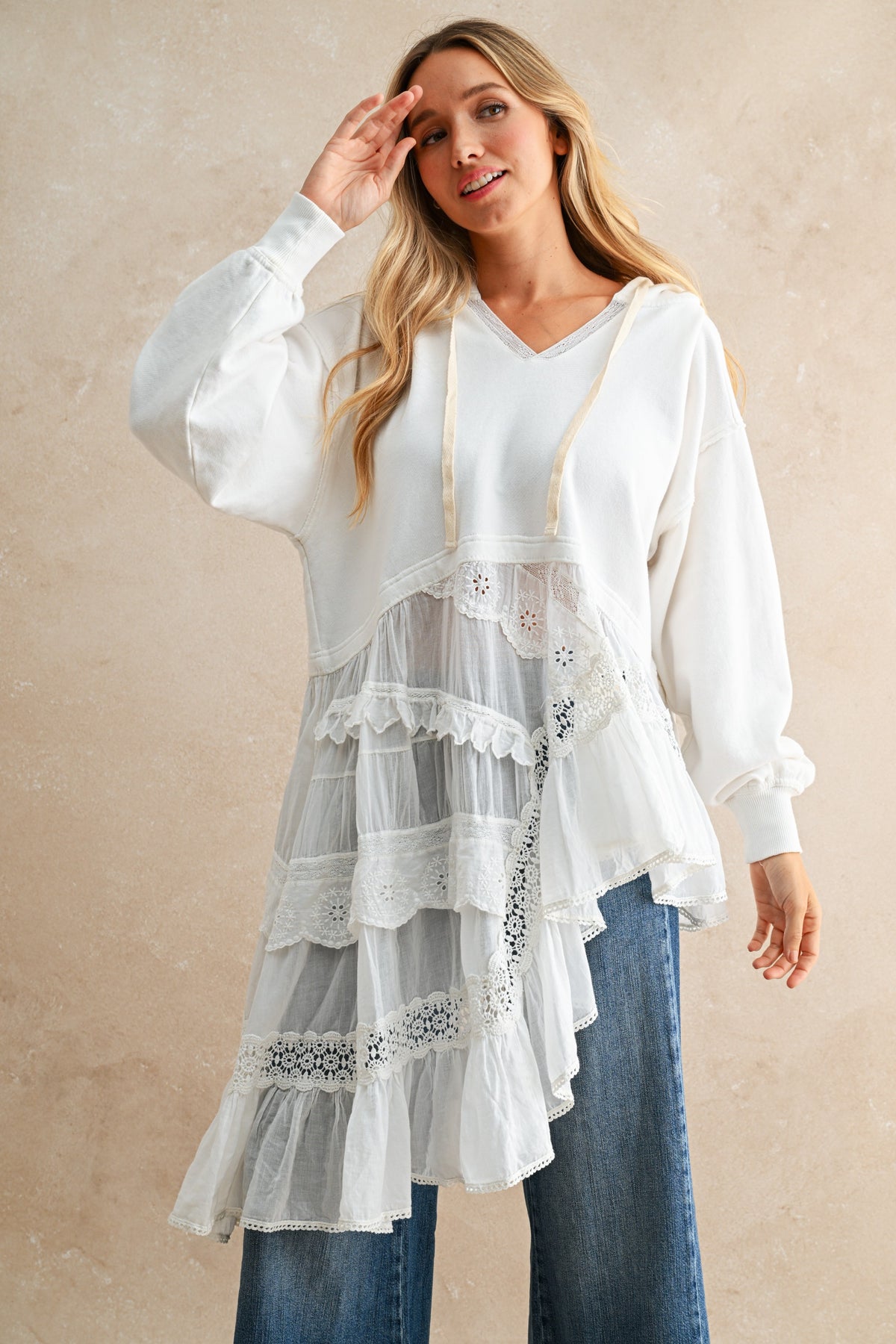 Boho Lace Ruffle Hooded Tunic Top 12/13