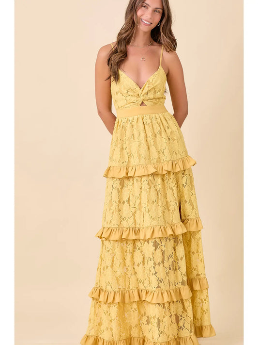 Lace Maxi Dress with Ruffle Tier and Thigh Slit