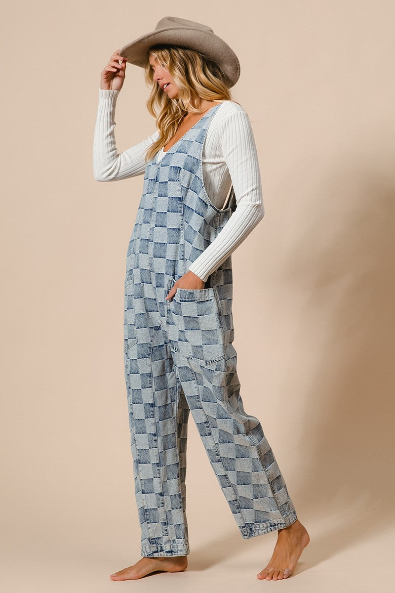 LOW RISE VINTAGE WASHED CHECKER DENIM OVERALLS