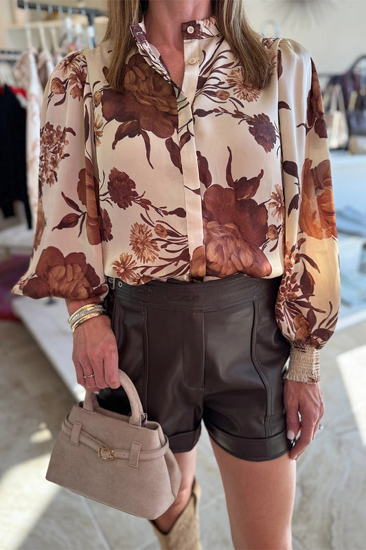 Floral Print Button Down Poet Sleeve Shirt