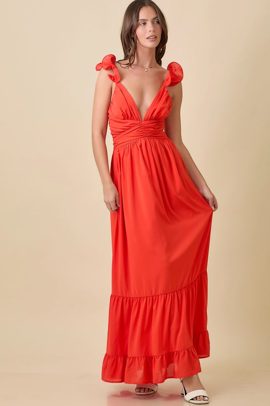 Summer Maxi Ruffle Sleeve Dress with Back Tie