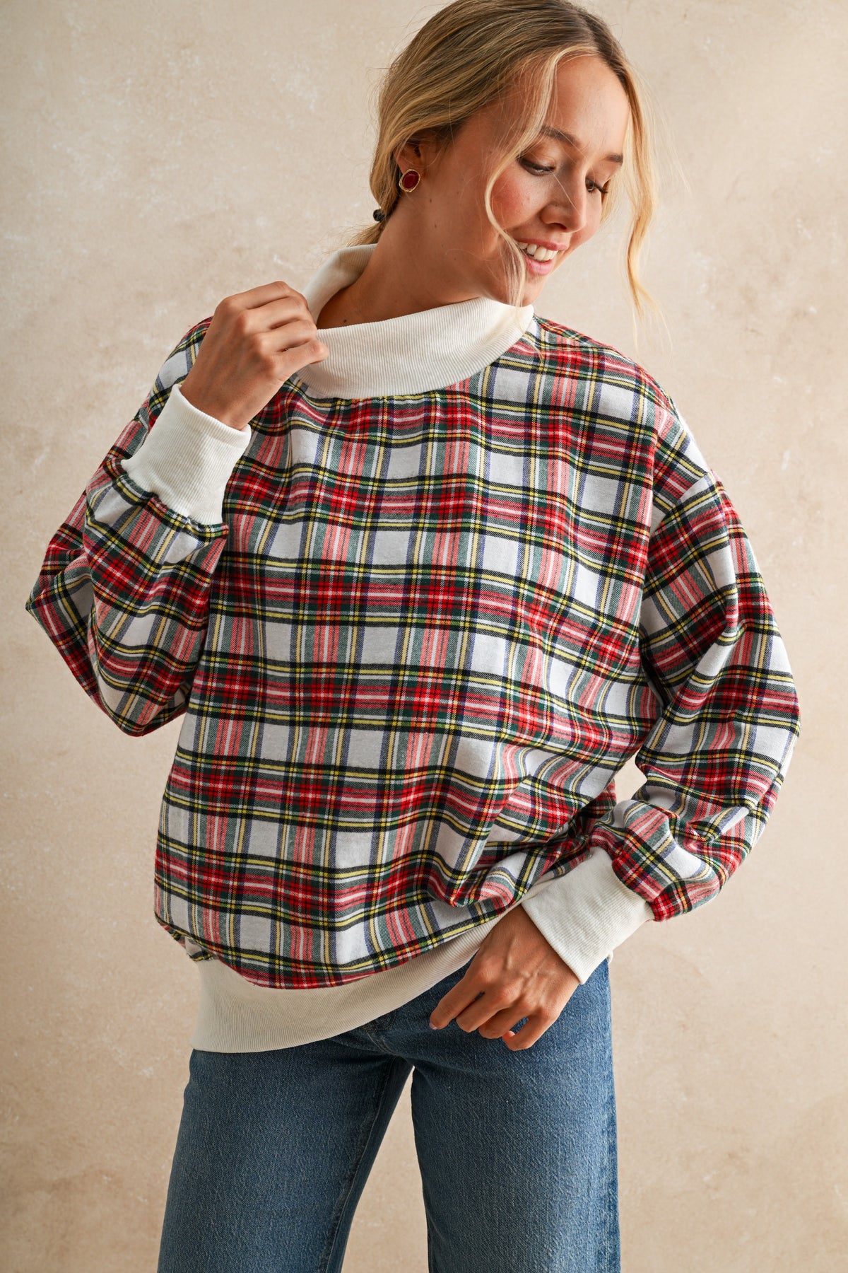 Christmas Plaid Mock Neck Tunic