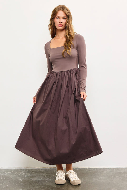 SQUARE NECK LONG SLEEVE SHIRRED WAIST LONG DRESS