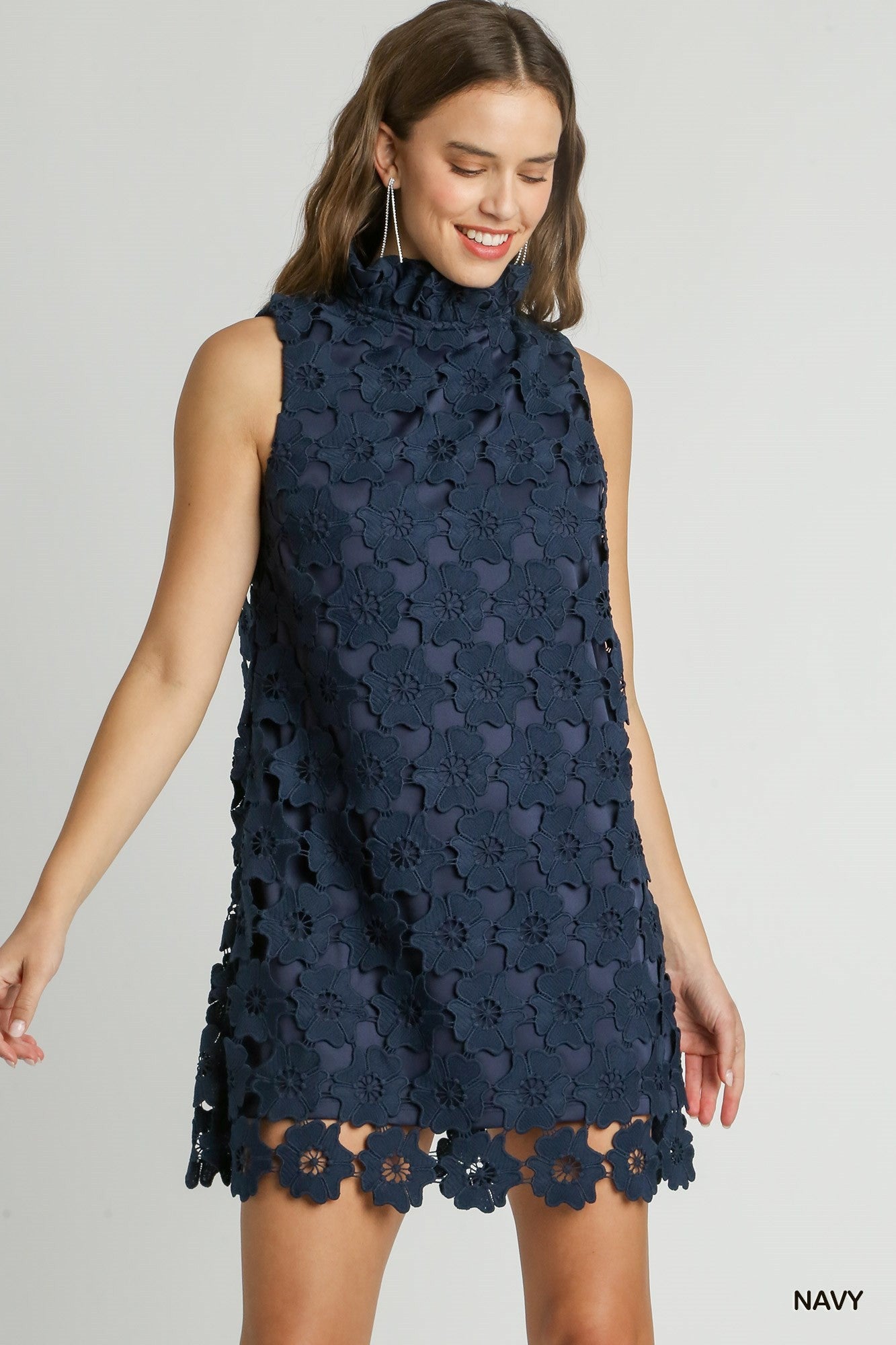 Navy Tie Neck Floral Dress