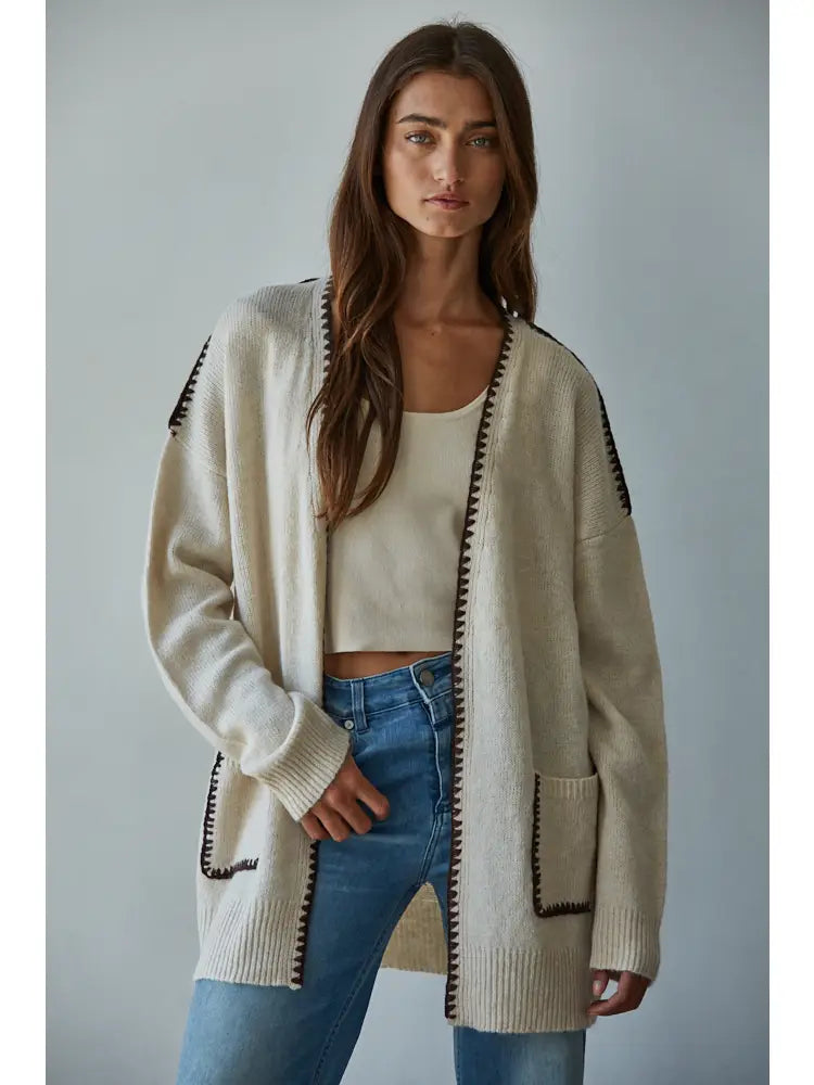 Knit Sweater Contrast Stitch Open Cardigan