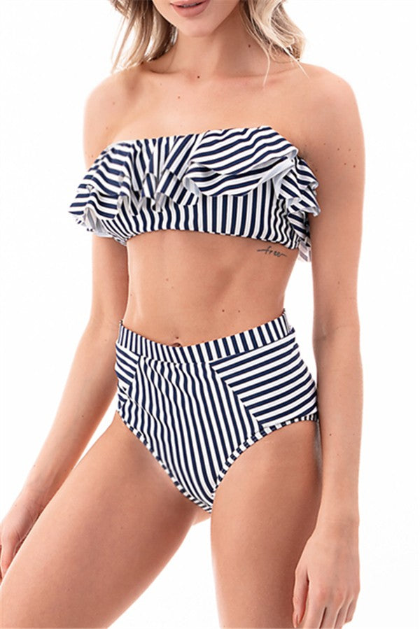 Striped Ruffled Bandau  High Waisted Bikini