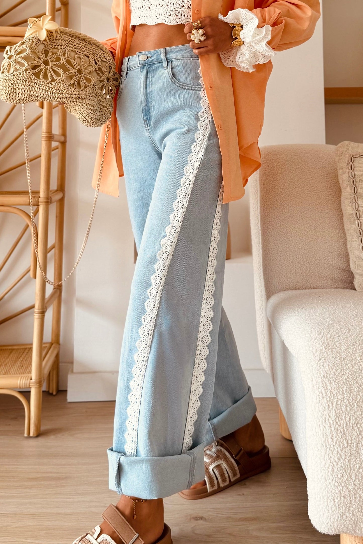 Lace Trimmed Light Wash Jeans PREORDER