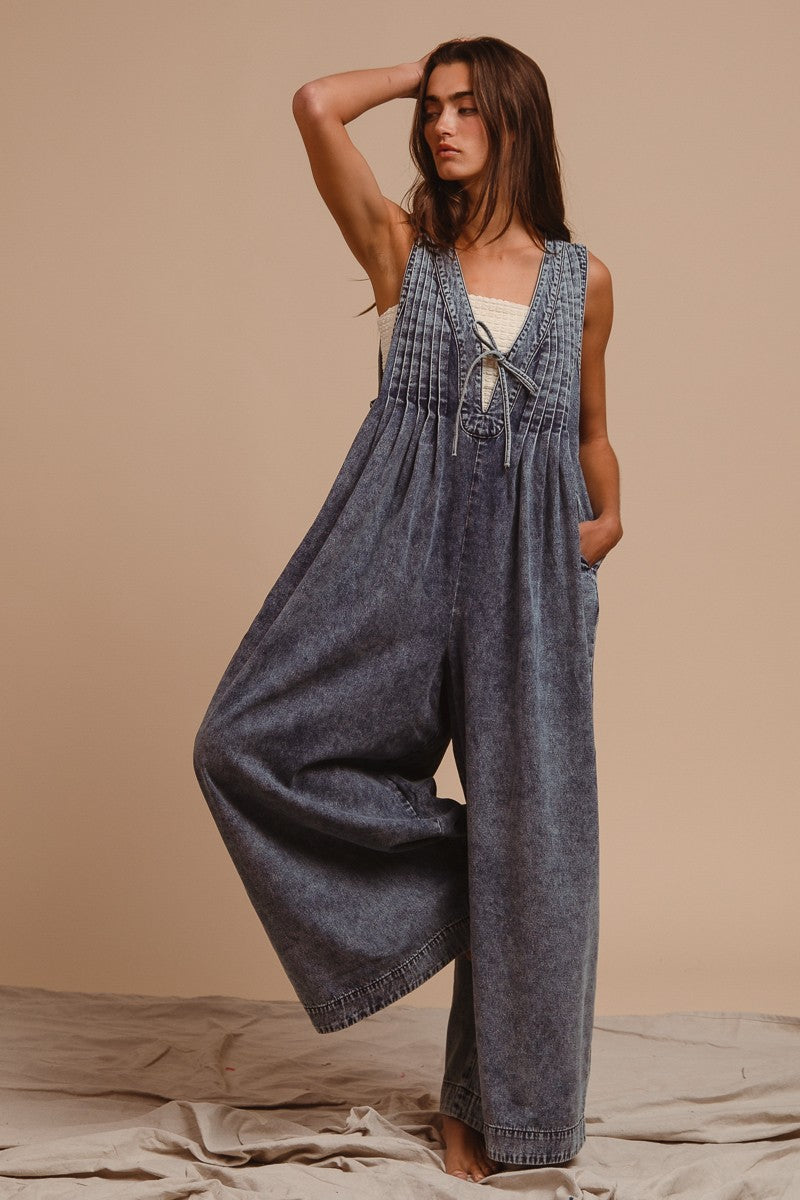 MINERAL WASHED PINTUCK JUMPSUIT WITH SIDE POCKET PREORDER 12/23 or before