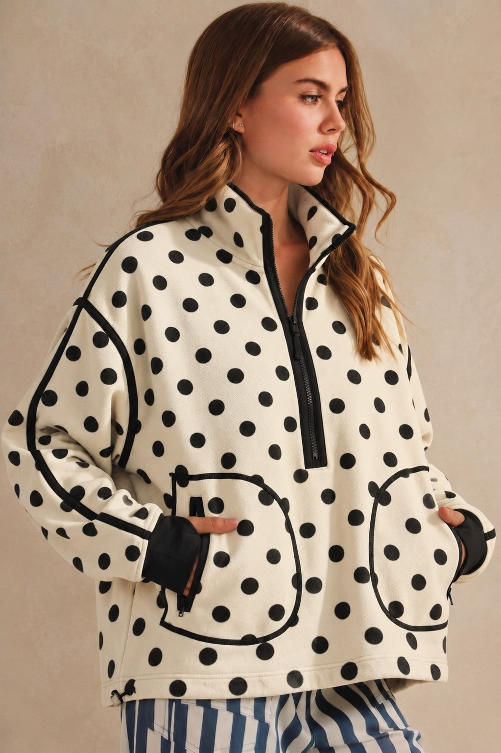 Midnight Polka Dot Half Zipper Hide Pocket Pullover PREORDER