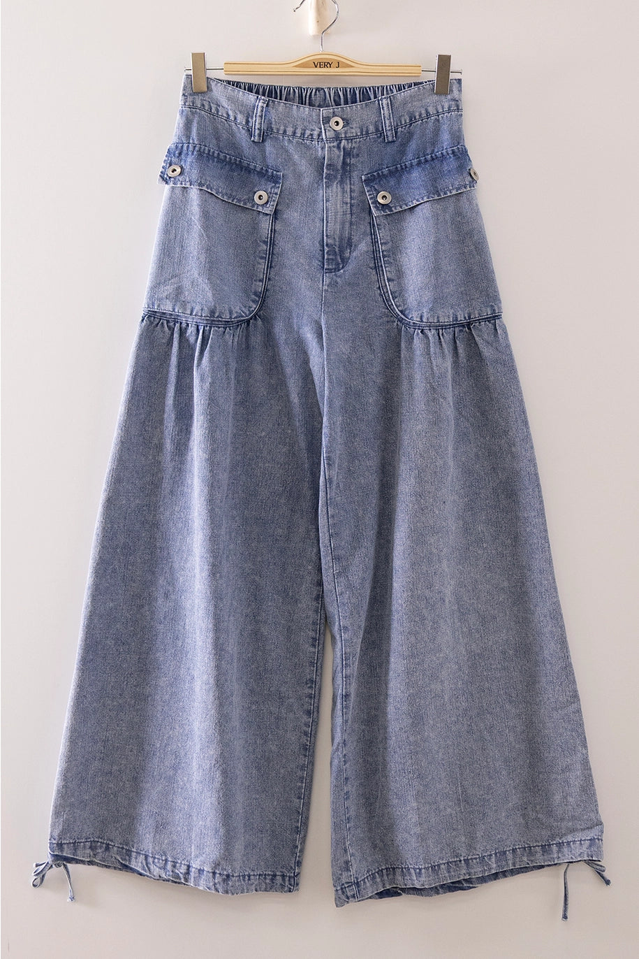 Washed Denim Flap Pocket Wide Leg Pants PREORDER 10/17