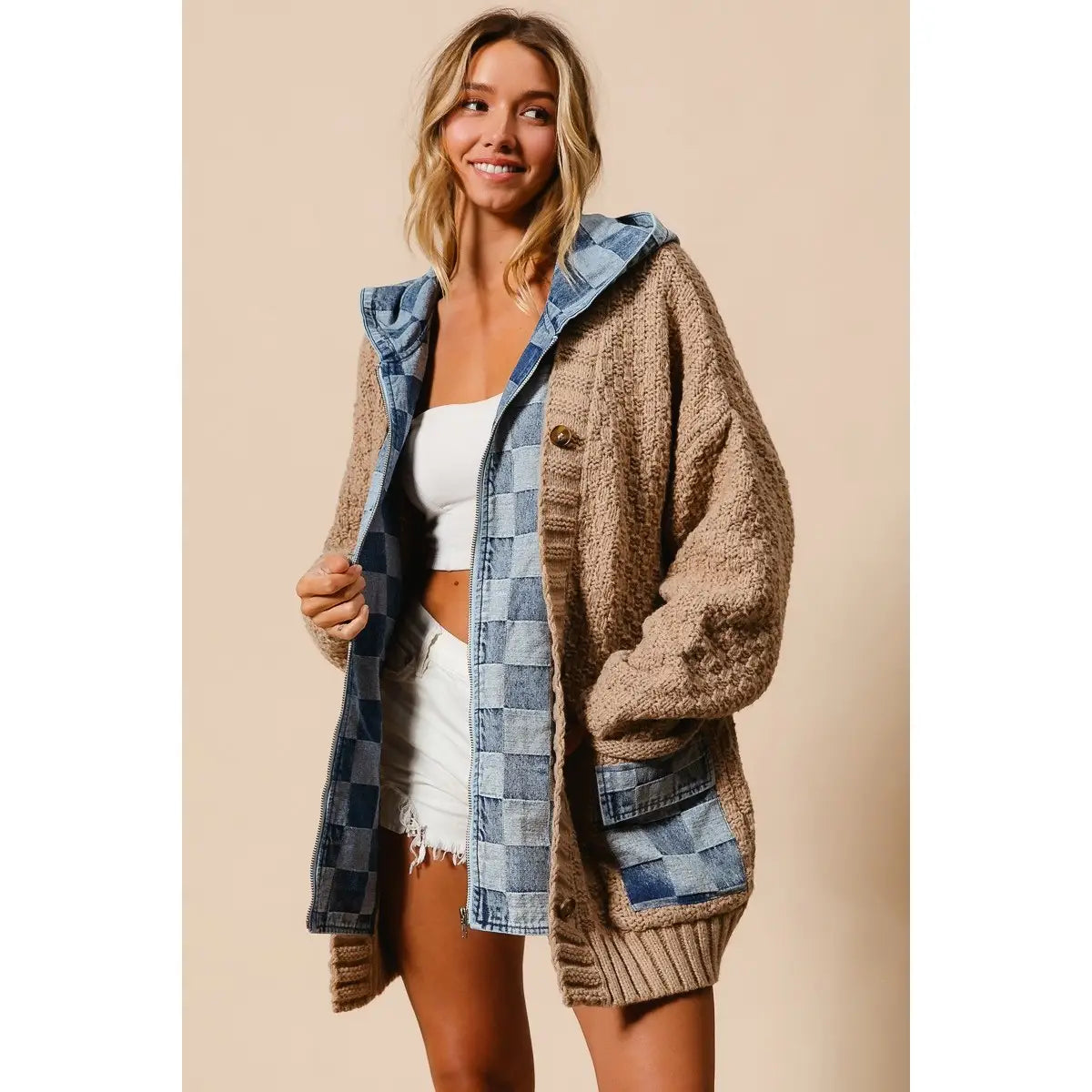 Washed Checker Denim Zip Up Sweater Cardigan PREORDER 10/2