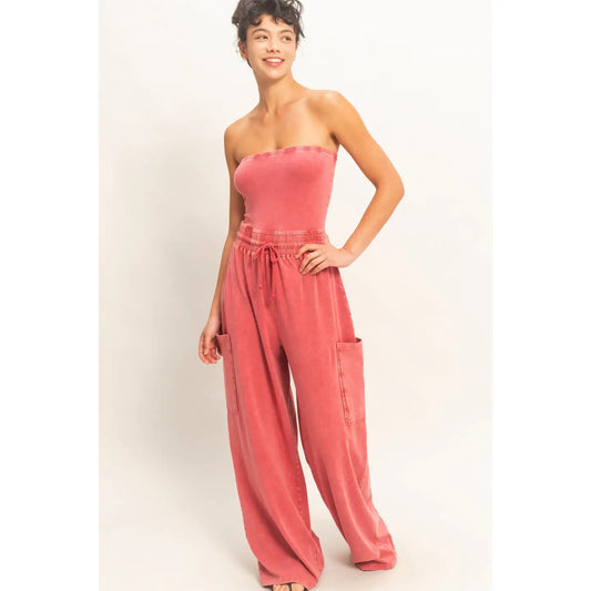 Mineral Wash Strapless Wide-Leg Jumpsuit Red