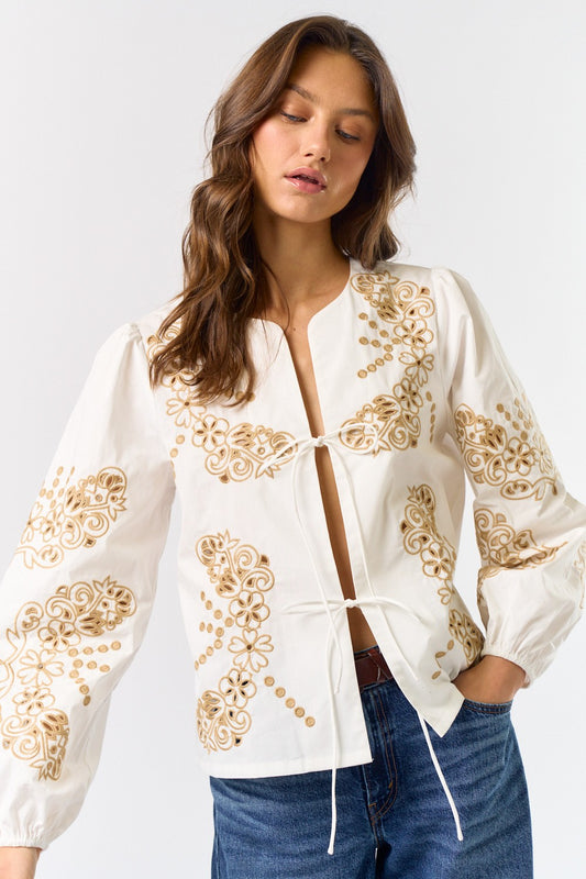 PUFF SLEEVE FRONT TIE TOP W/ EMBROIDERY