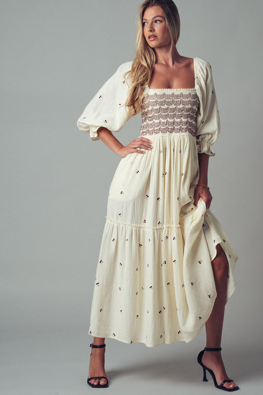 Boho Smocked Maxi Dress With Puff Sleeves