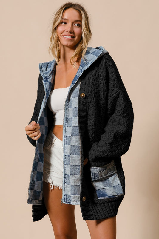 Black Washed Checker Denim Zip Up Sweater Cardigan PREORDER 8/25