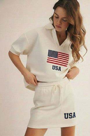4th Of July USA Collared Top And Skirt Set  PREORDER 4/30