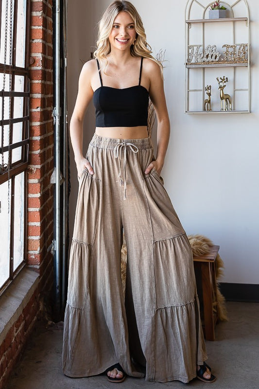 MINERAL WASHED TIERED BOHO WIDE LEG CASUAL PANTS