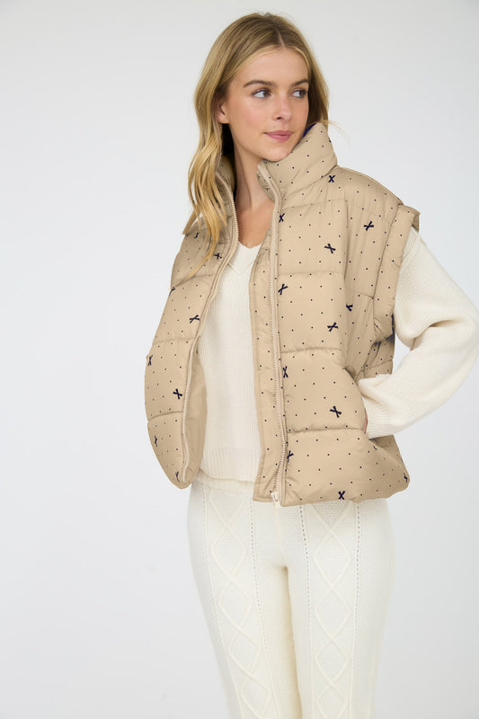 Polka Dot & Bow Pattern Zip-up Puffer Vest