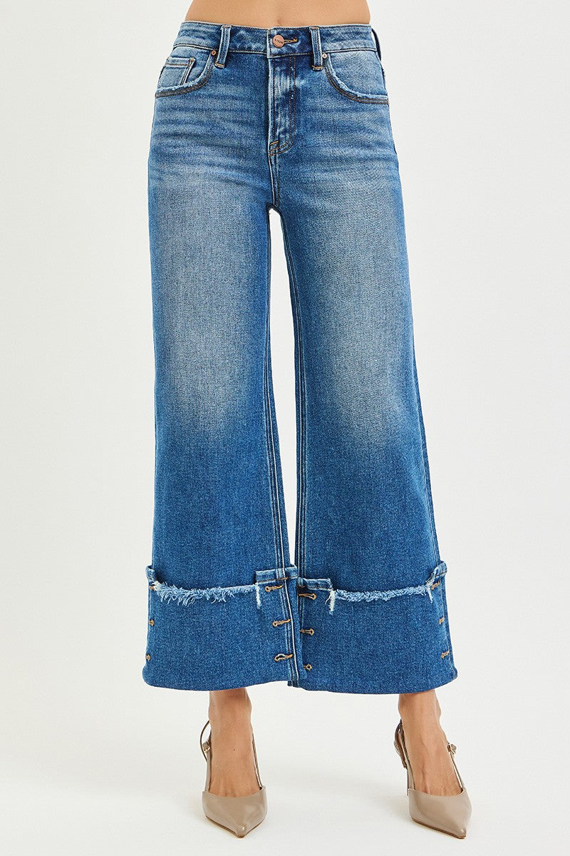 High Rise Cropped Wide Leg Cuff Button Detail