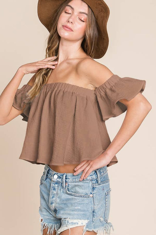 Solid Ruffled Off Shoulder Crop Top