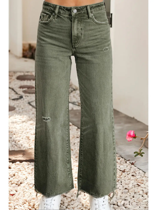 Olive raw hem distressed wide leg denim