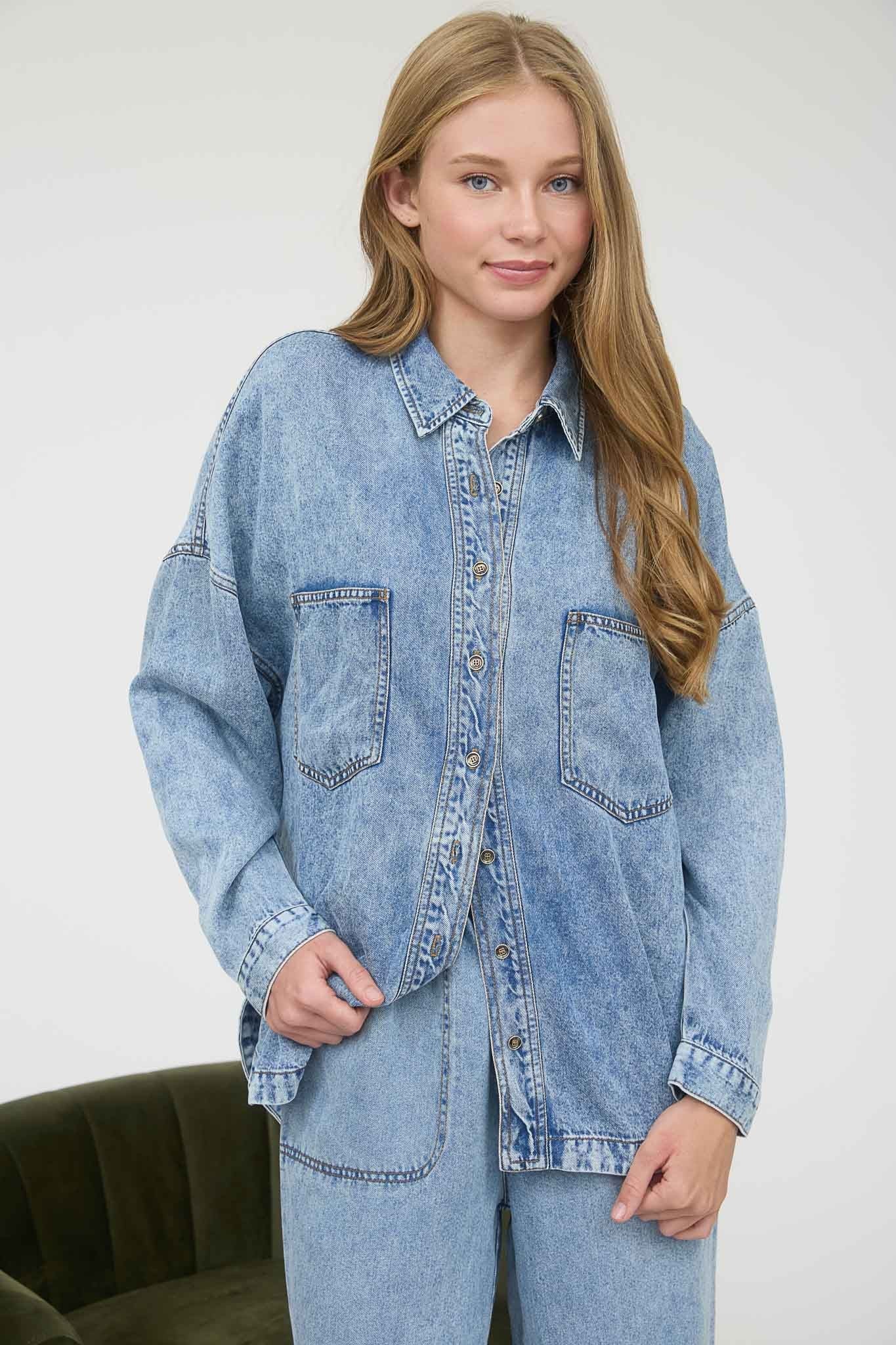 Washed Chambray Button Down Long Sleeve Shirt