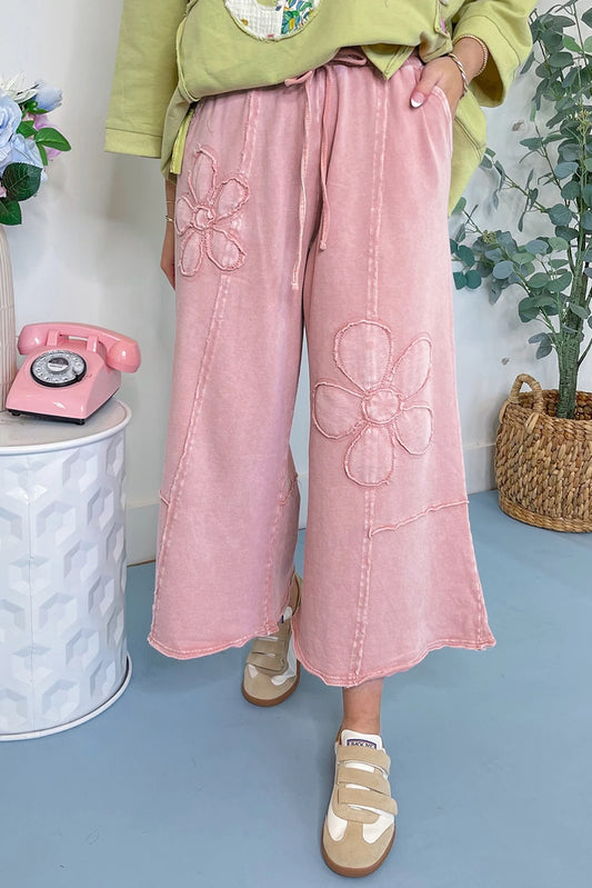 Pink Flower Patch Mineral Washed Cropped Wide Leg Pants
