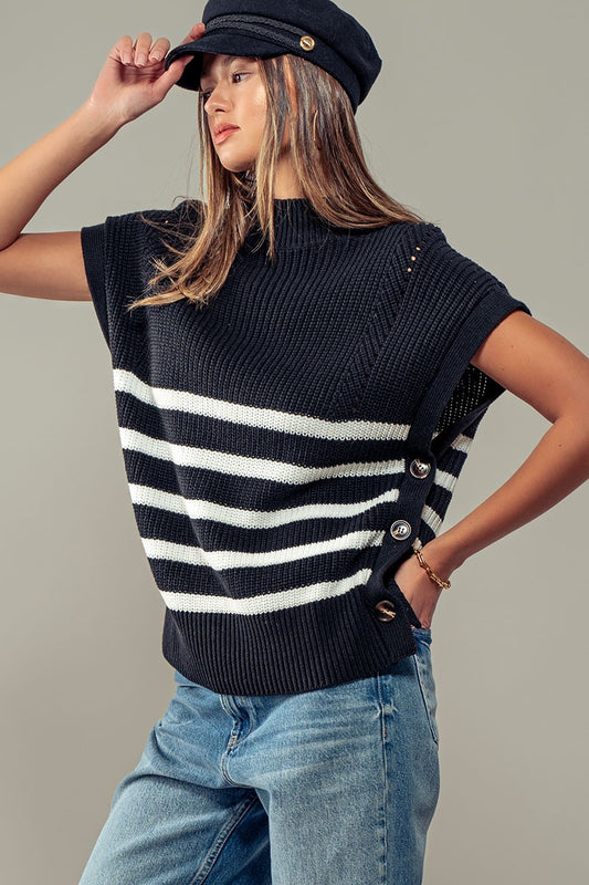 Striped Cap Sleeve Side Button Sweater 11/12