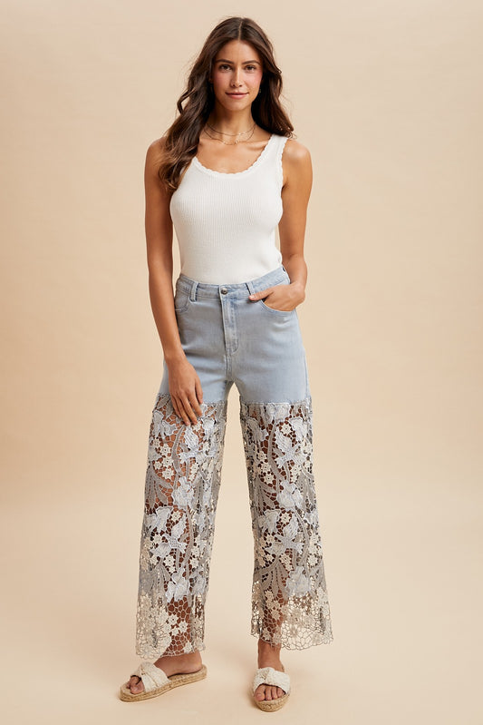 Mixed Media Floral Crochet Lace Flare Denim Jean PREORDER 6/1