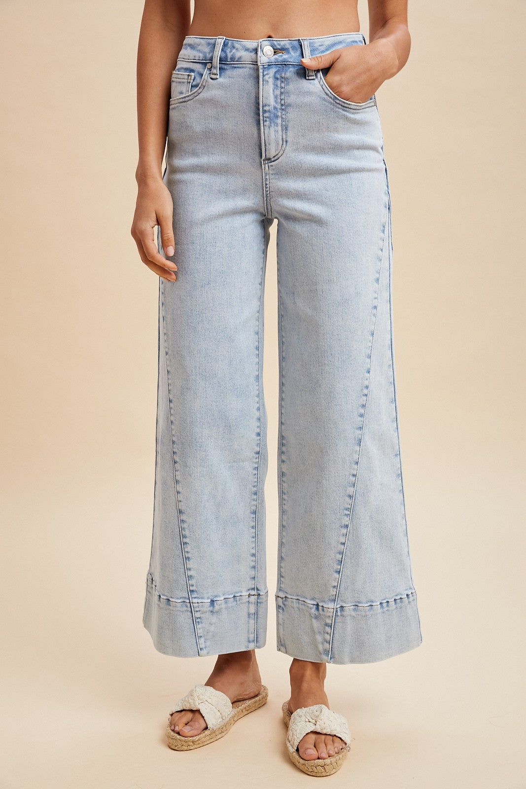 Seam Detailed Denim Cropped Wide Flare Jean