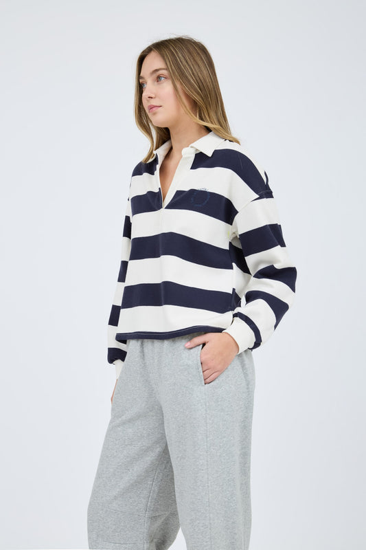 STRIPE COLLARED LONG SLEEVE POLO KNIT TOP