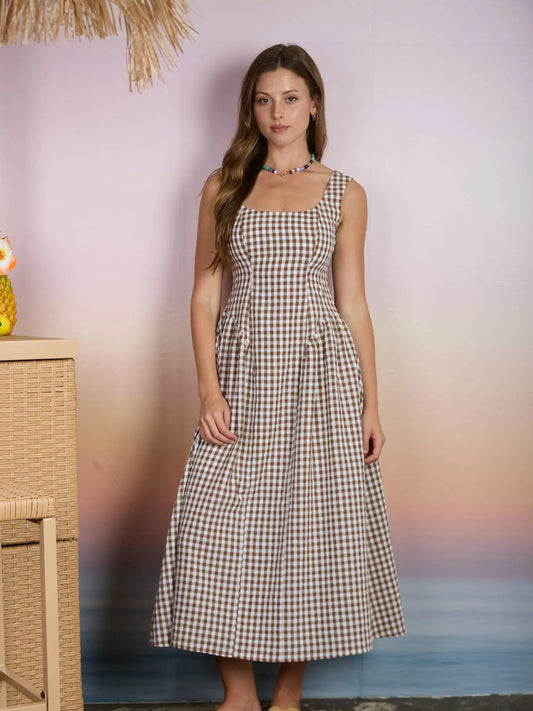 Plaid Basque Waist Sleeveless Midi Dress